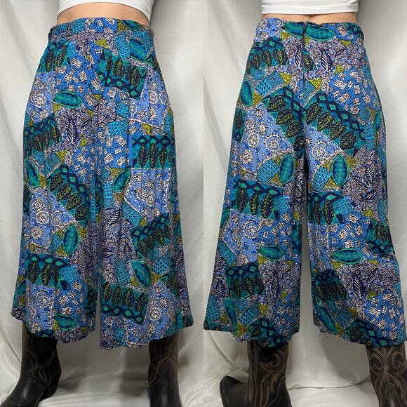 Vintage batik geometric patchwork print wide leg crop culotte palazzo pants blue - Picture 15 of 17